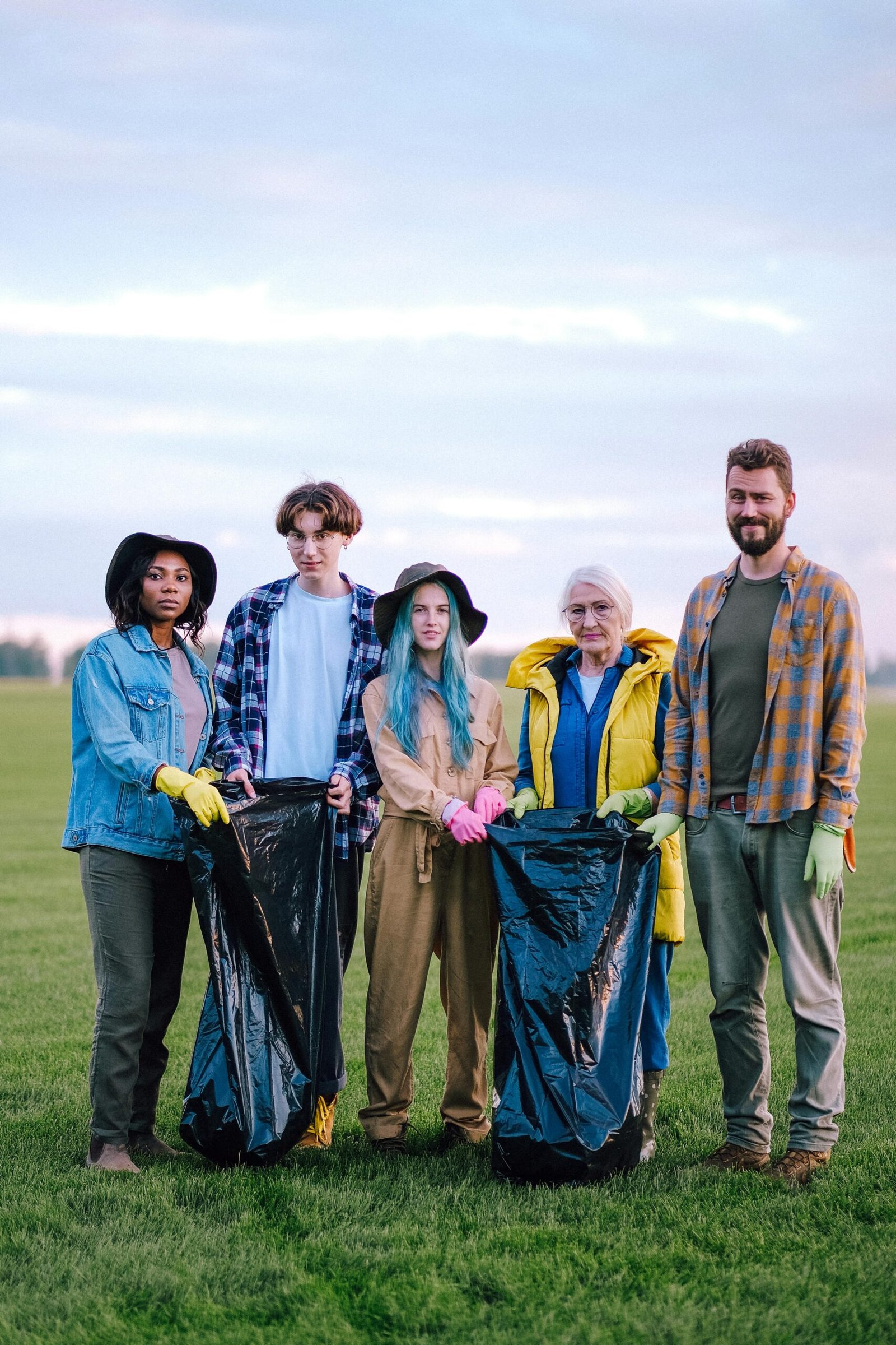 A diverse group of volunteers collects garbage on a green field, promoting environmental care.